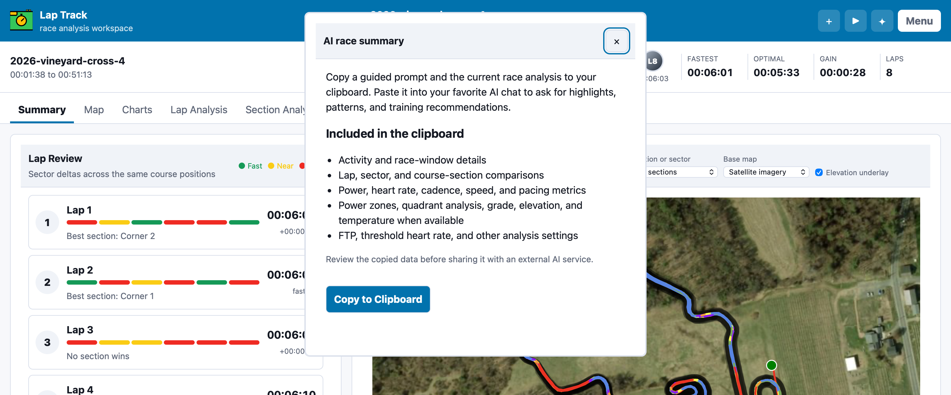 Lap Track AI race summary panel with the navigation AI button