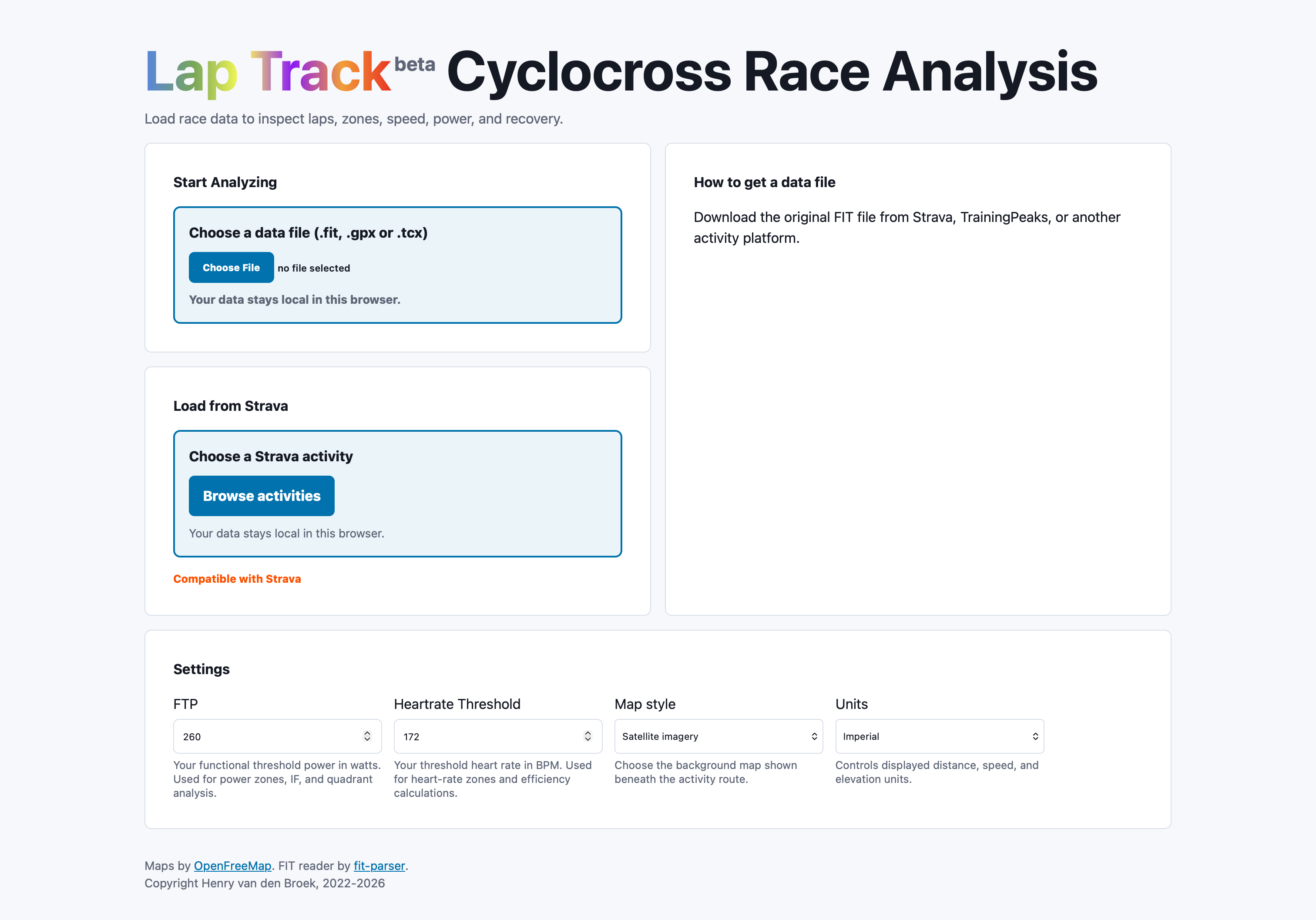 Lap Track app file loading screen with the Choose a data file control
