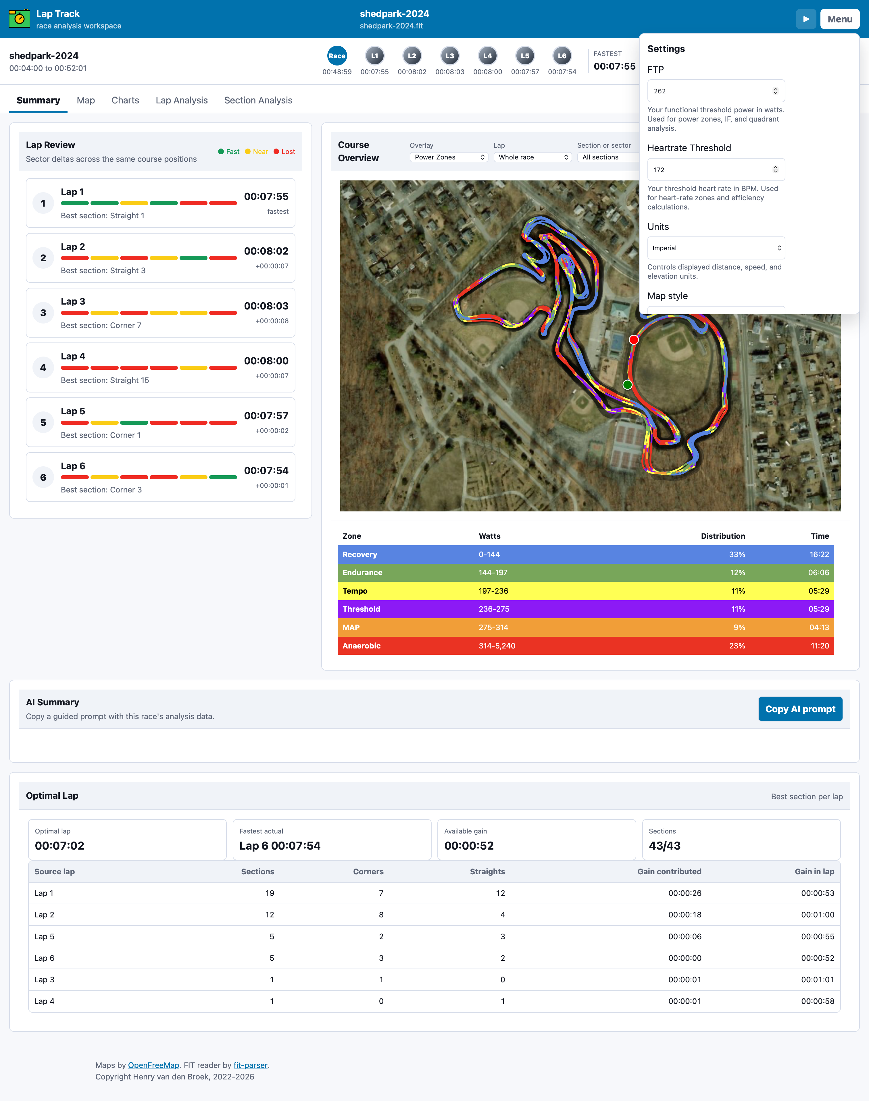 Lap Track app with the Settings menu open over a loaded activity