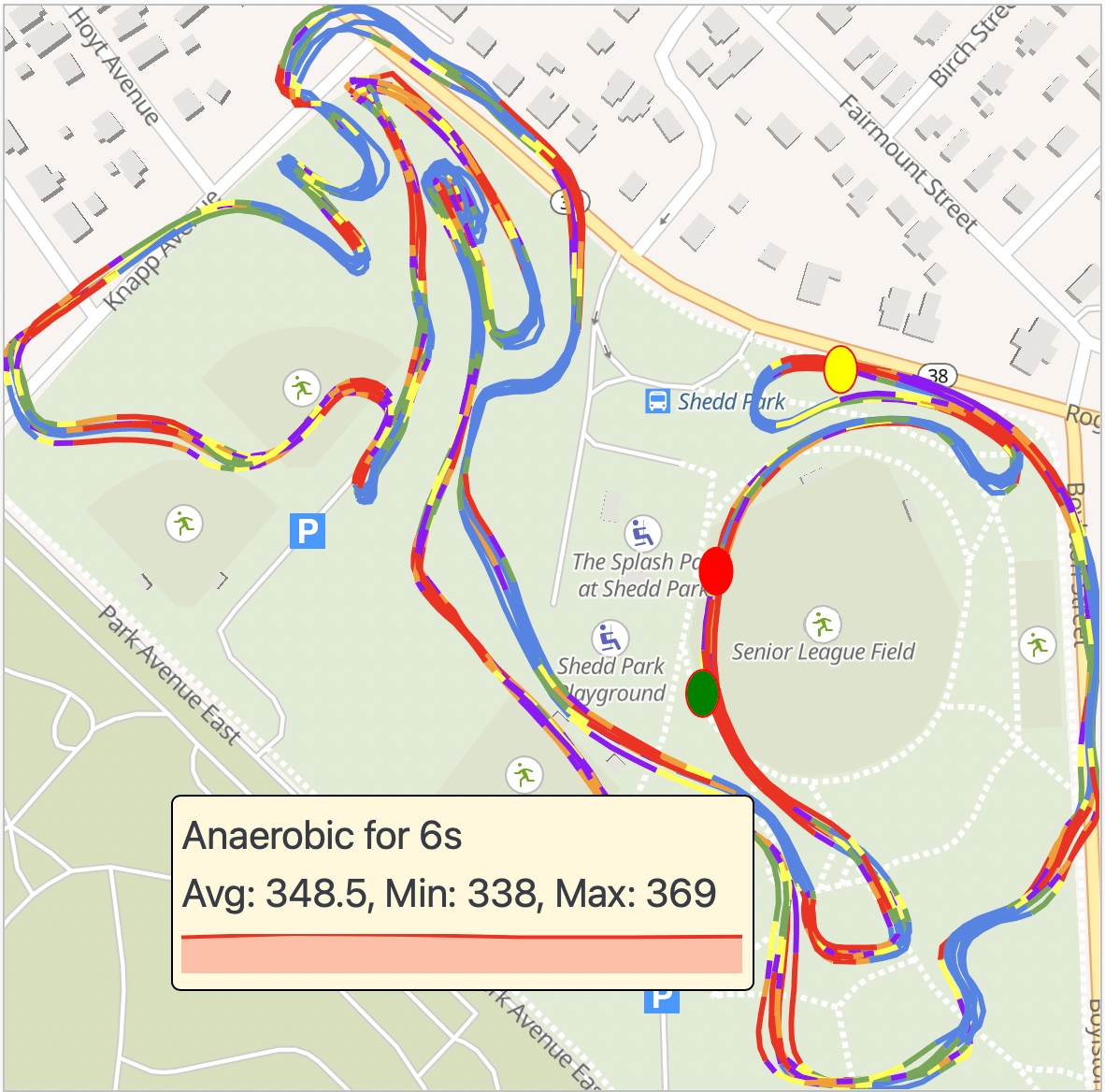 Map showing tracks colored by Power zones